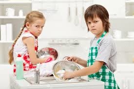 Grumpy Children Doing Dishes