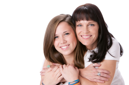 real people: smiling caucasian mother daughter hugging head shou